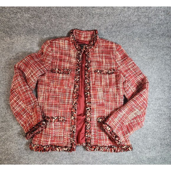 Rafella Womens Woven Jacket Red White Raw Hems Womens Size 10 Acrylic Wool Blend - Picture 11 of 11